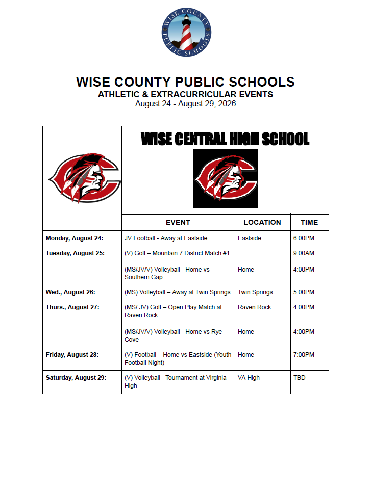 Document shows a sports schedule for Wise Central High School, August 24-29, 2020. Events include football, volleyball, and golf.