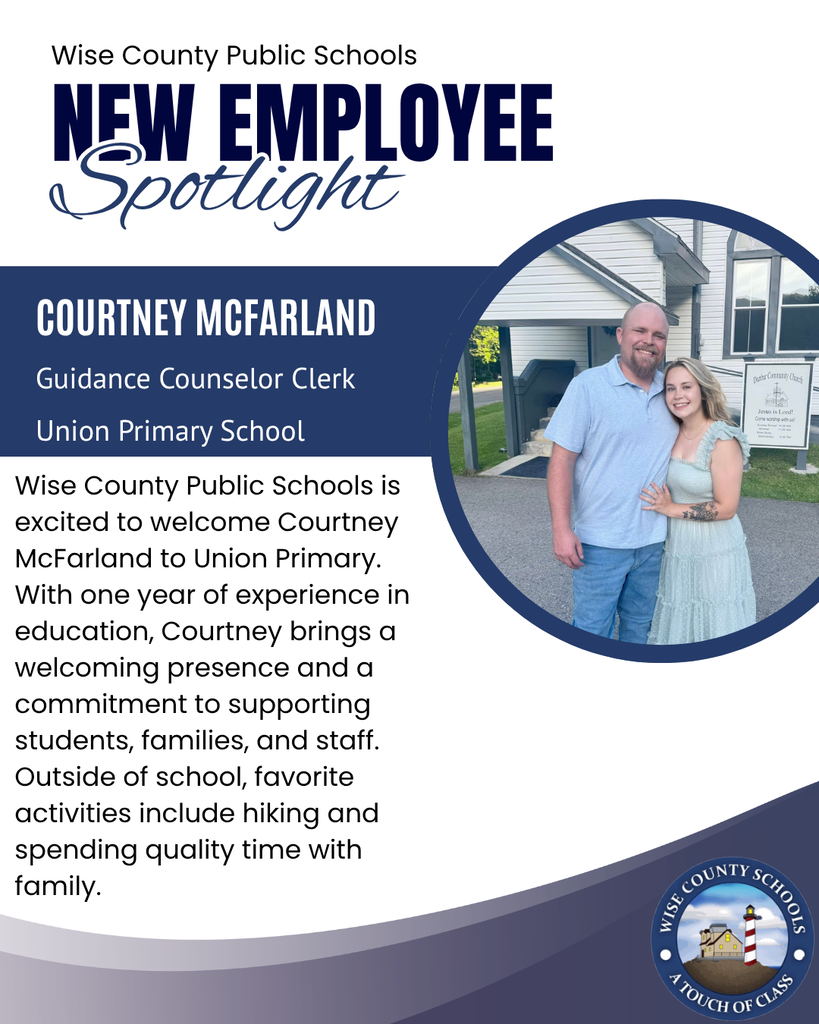 A new employee spotlight features Courtney McFarland, Guidance Counselor Clerk at Union Primary School. A man and woman stand outside a house.