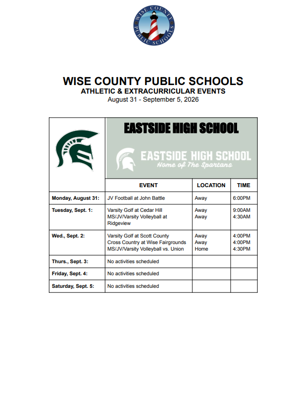 An athletic schedule for Eastside High School from August 31 to September 5, 2026, includes events like football, volleyball, and golf at various locations.