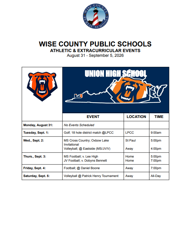 Event schedule for Union High School. Dates from August 31 to September 5, 2026. Shows events, locations, and times.