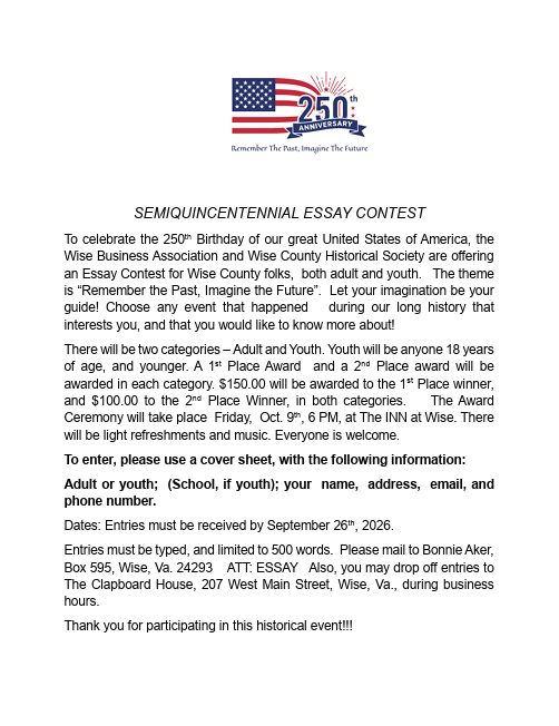Text on a white background with a US flag. The title reads "Semiquincentennial Essay Contest". Two categories for essay writing are described.