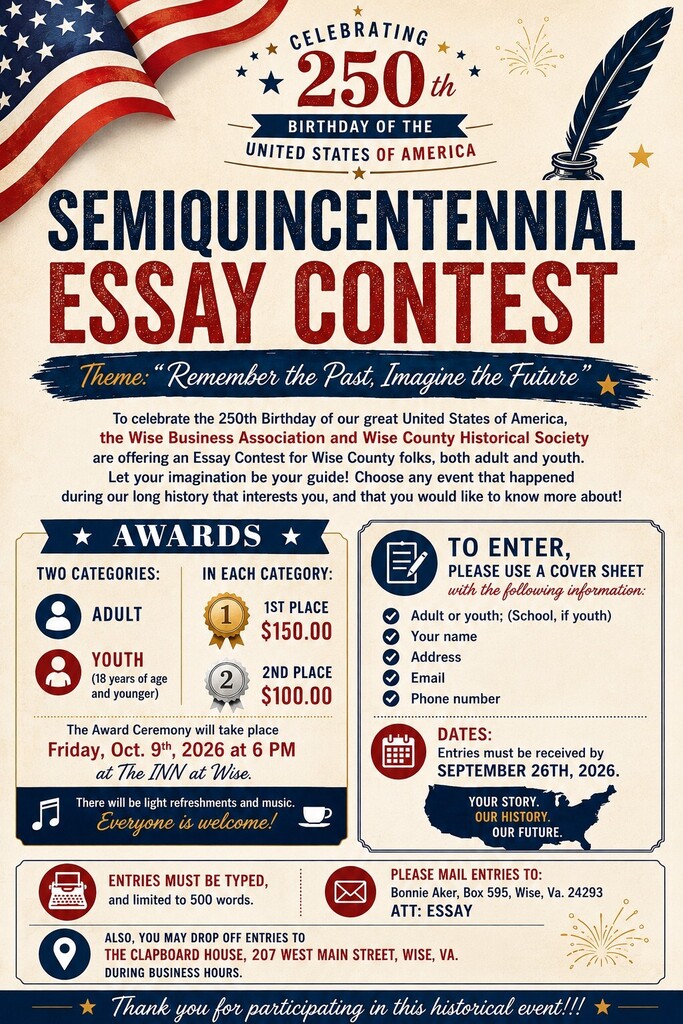 A poster with an American flag, a quill, and a ribbon. It says "Semiquincentennial Essay Contest" and "Remember the Past, Imagine the Future." There are two categories: Adult and Youth. The date is September 26, 2026.