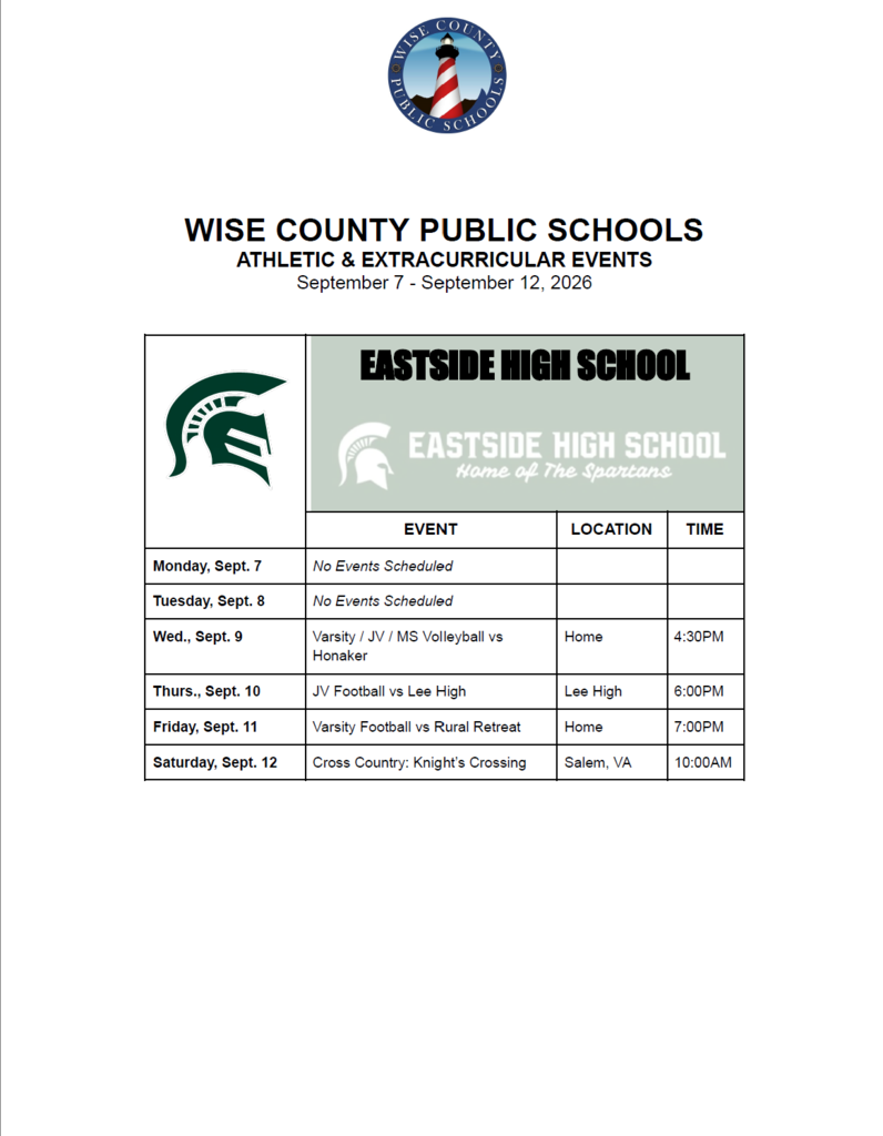 A white document displays a table for Eastside High School athletic events from September 7 to September 12, 2022.