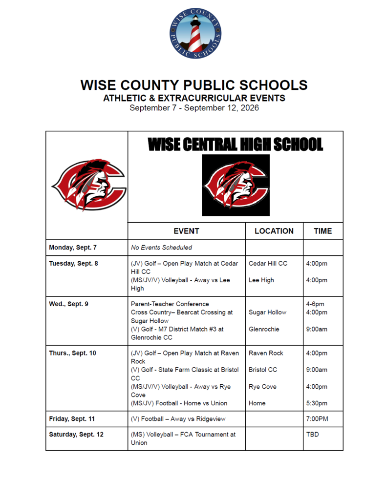 A document contains a table for athletic and extracurricular events at Wise Central High School from September 7-12, 2020.