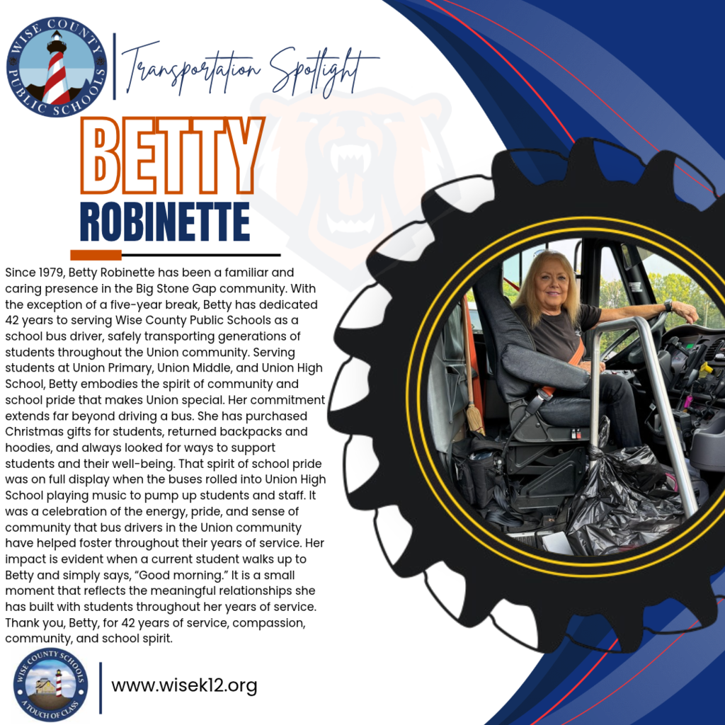 An advertisement for Betty Robinette, a school bus driver. She is pictured in her bus.
