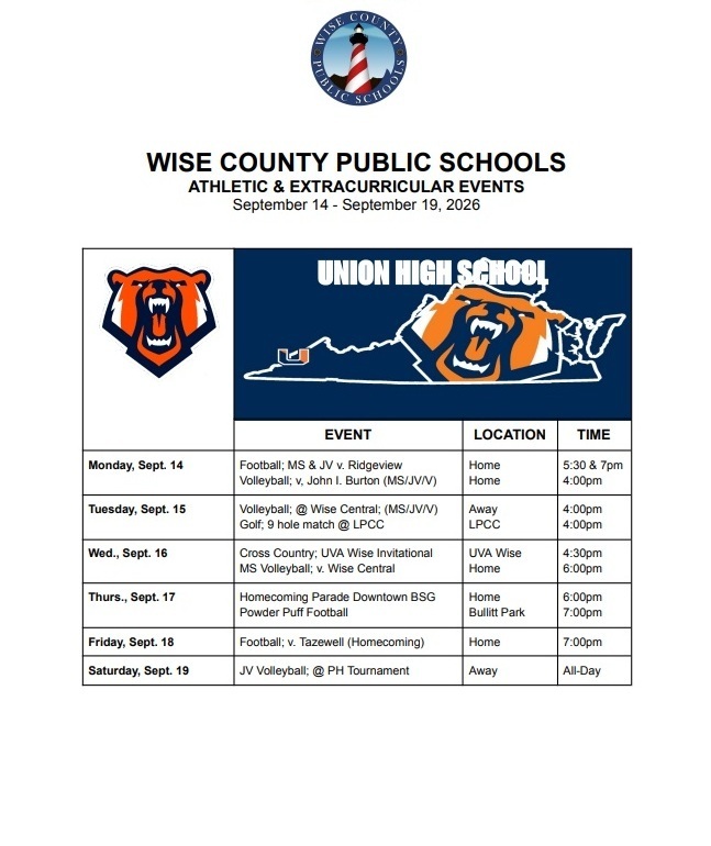 A table displays athletic and extracurricular events for Wise County Public Schools from September 14 to September 19, 2020. Events include football, volleyball, and a parade.