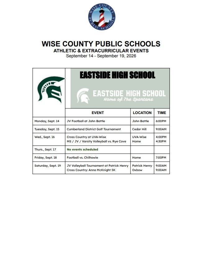A table lists events for East Side High School in Wise County, from September 14 to 19, 2020, including football, golf, cross country, and volleyball games with times and locations.