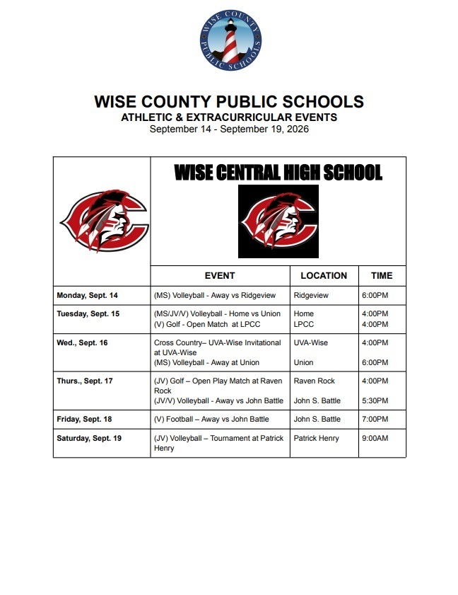A white page features a table with headers: Event, Location, Time. It lists sports events at Wise Central High School from September 14 to September 19, 2026.