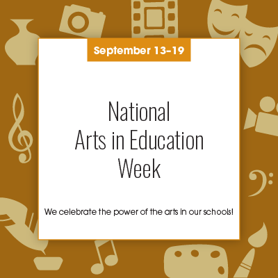 A poster promoting National Arts in Education Week, Sept 13-19. The poster is white with brown icons.