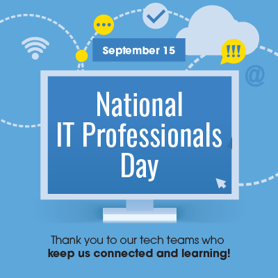 Blue poster with a monitor image. It reads "National IT Professionals Day" with a date of September 15.