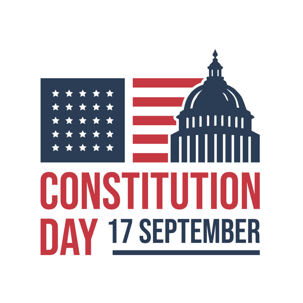 Logo with Capitol building, US flag, text "Constitution Day 17 September" and a white background.