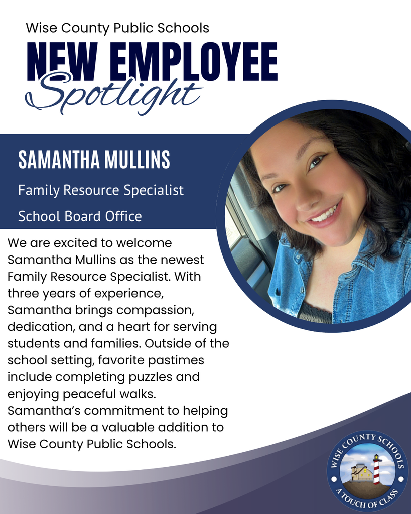 A poster introduces Samantha Mullins, a Family Resource Specialist at Wise County Public Schools, with a photo of her smiling.