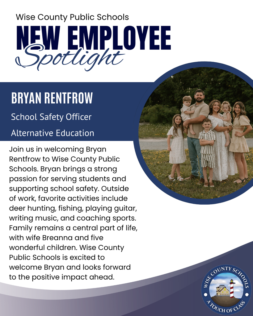 Family photo of Bryan Renfrow, a new School Safety Officer, standing with his wife and five children.