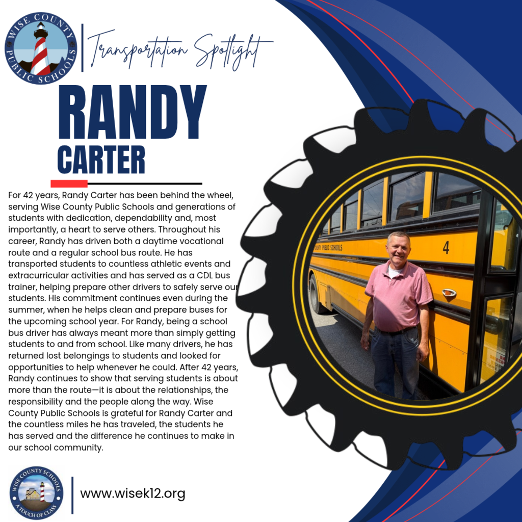 Randy Carter standing in front of a yellow school bus, with a blue background and gears. Text about his dedication.