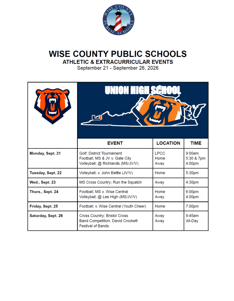 A sports event schedule for Union High School in Wise County Public Schools. It includes dates, times, events, and locations.