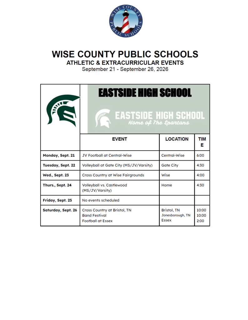 Schedule for Wise County Public Schools events from September 21 to September 26, 2020. Details include dates, times, event names, and locations.