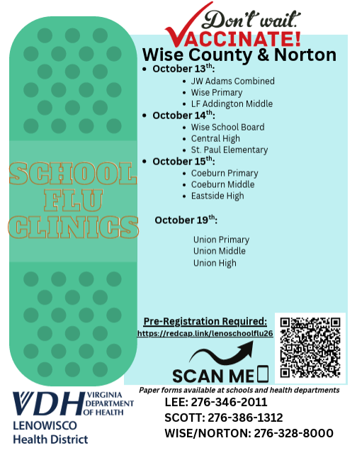 An ad for flu clinics at schools in Wise County & Norton. Clinics on October 13 and 14. Pre-registration required. Scan the QR code for details.