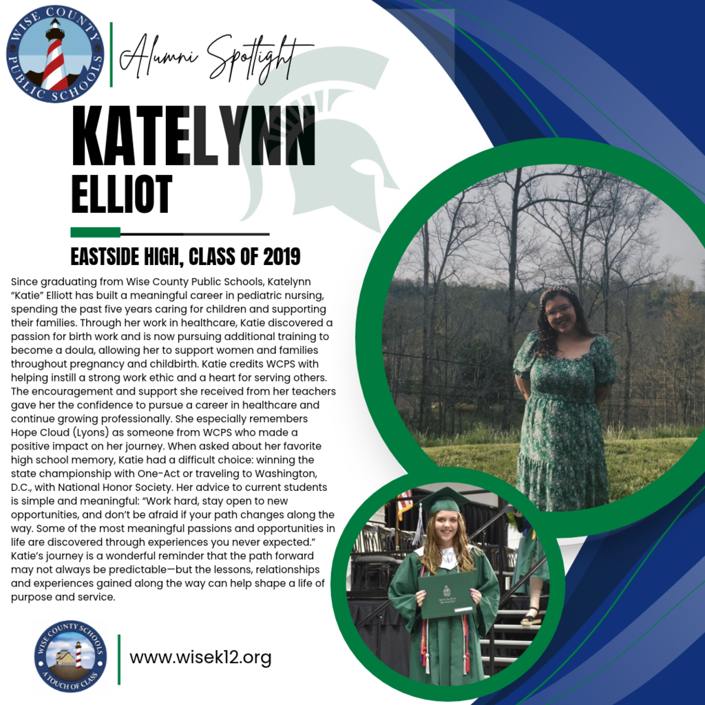 Woman in green graduation gown and hat standing in front of trees. Text reads "Katelynn Elliot, Eastide High, Class of 2019".