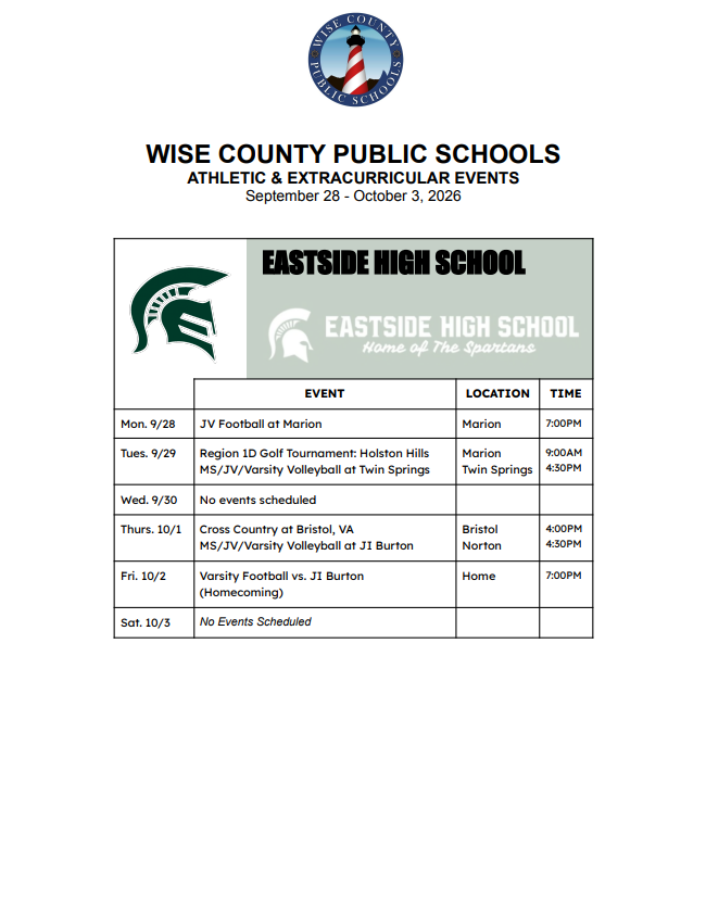 Document displays "Wise County Public Schools" at top. Title reads "Athletic & Extracurricular Events". Dates: September 28-October 3, 2020. School logo on left. Events, locations, and times listed in table.