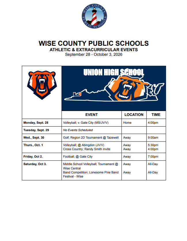 Document displays a schedule for Wise County Public Schools athletic and extracurricular events from September 28 to October 3, 2020.