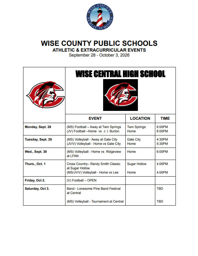 Schedule for Wise County Public Schools athletic events from September 28 to October 2, 2022. Events include football, volleyball, and a band festival.