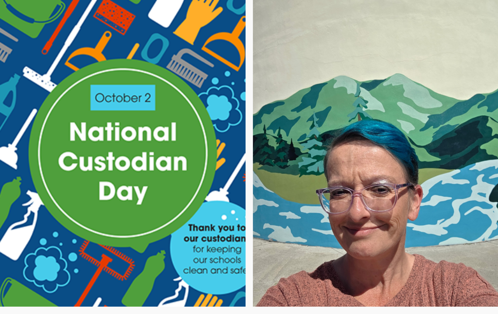 Poster with "National Custodian Day, October 2" text. Woman with blue hair and glasses smiling. Background of mountains and water.