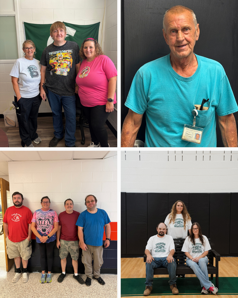 Four photos showing different groups of people, all wearing casual clothes. One photo has a man wearing a teal shirt and badge.