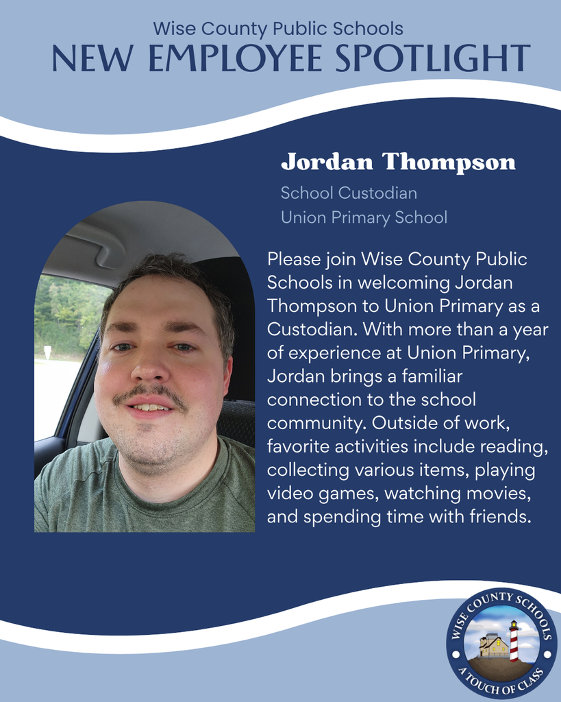 A blue and white page highlights Jordan Thompson, new employee at Union Primary School. Jordan is pictured with a smile.