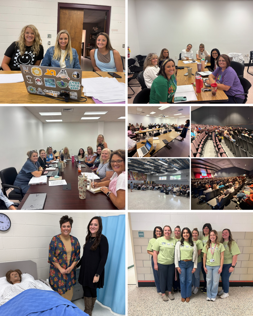 Collage of various indoor scenes. Groups of people sit around tables, hold meetings, and gather for a photo.