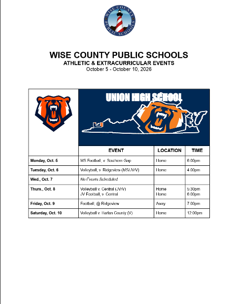 A schedule from Wise County Public Schools, featuring sports events from October 5 to 10, 2026.