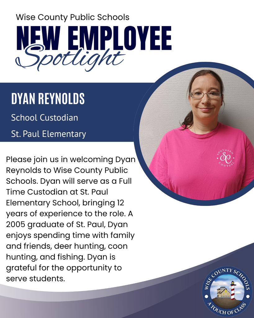 A circular photo of a woman in a pink shirt, glasses, and a smile. Text reads "New Employee Spotlight: Dyan Reynolds, School Custodian, St. Paul Elementary."