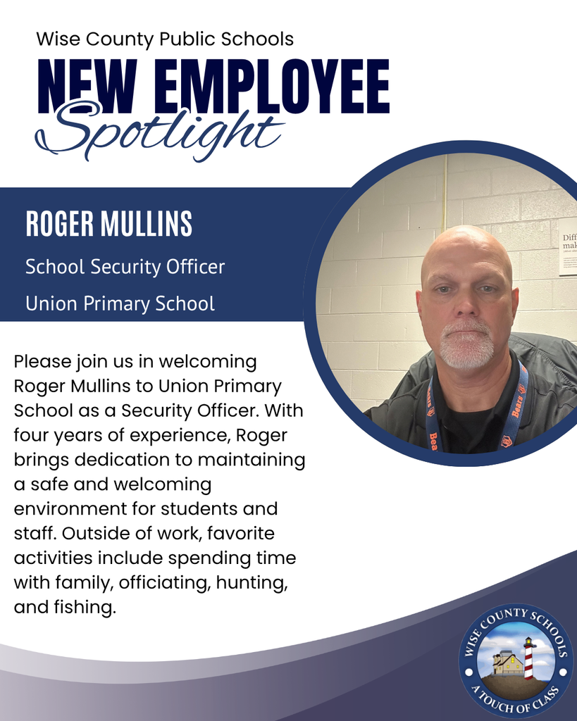Blue and white text introduces Roger Mullins as a new school security officer. His photo shows him in a navy blue jacket.