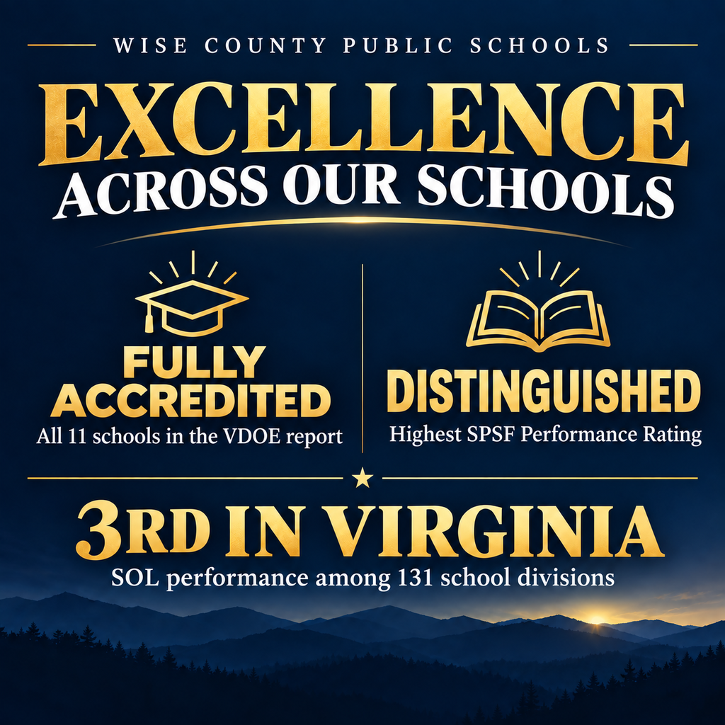 A blue night sky with mountains. The words "Excellence Across Our Schools" are on the top.