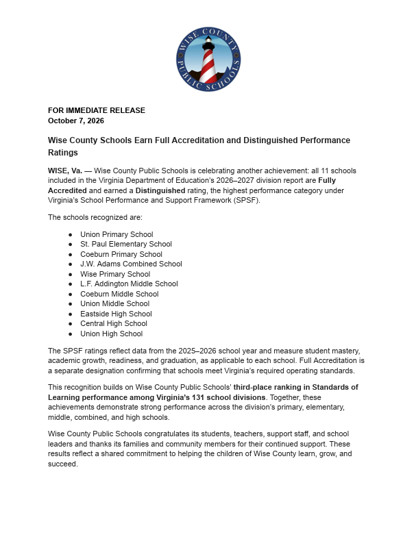Document dated October 7, 2016, showing a circular logo and text. The text reads: "Wise County Schools Earn Full Accreditation and Distinguished Performance Ratings."