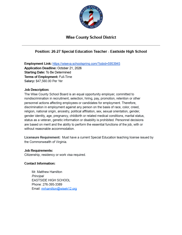 Document features a logo at the top. Below, it reads: "Wise County School District." It includes position, application link, deadline, starting date, employment terms, salary, job description, license requirements, job requirements, and contact information.