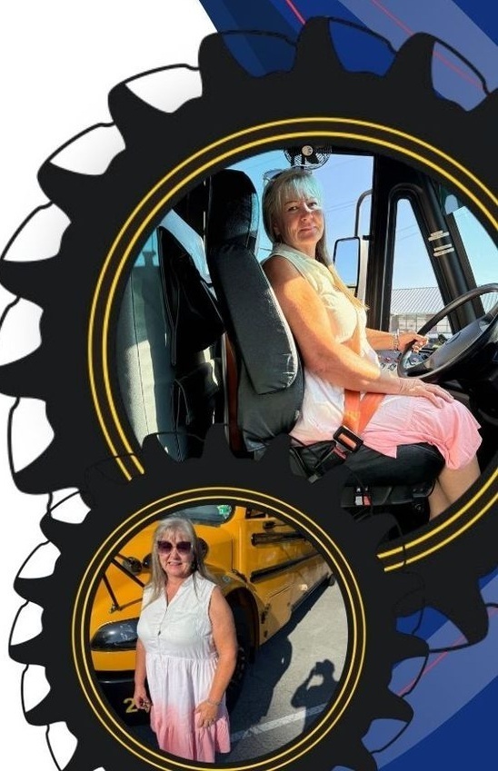 Two women in dresses, one seated inside a bus and another standing next to it. Both wear sunglasses.