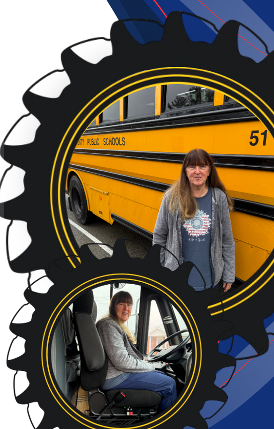 A woman standing next to a yellow bus labeled "51" and another image shows her sitting in the driver's seat.