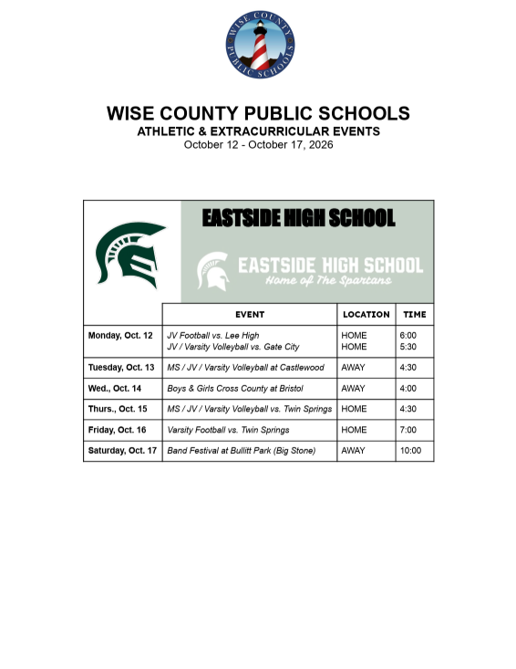 A document titled "Wise County Public Schools Athletic & Extracurricular Events" lists dates and events from October 12-17, 2016, including football, volleyball, and band events.