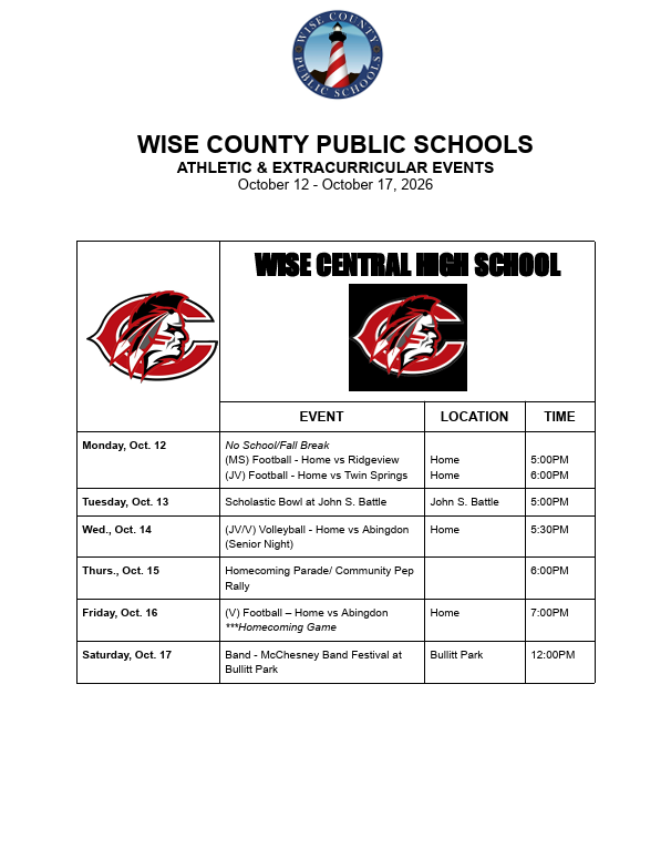 Schedule for Wise County Public Schools athletic and extracurricular events from October 12 to October 17, 2026. Includes events like football, volleyball, and community pep rally.