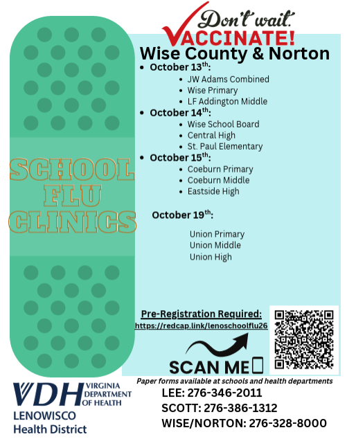 Poster with green background for school flu clinics at Wise County and Norton schools. Dates and locations listed.