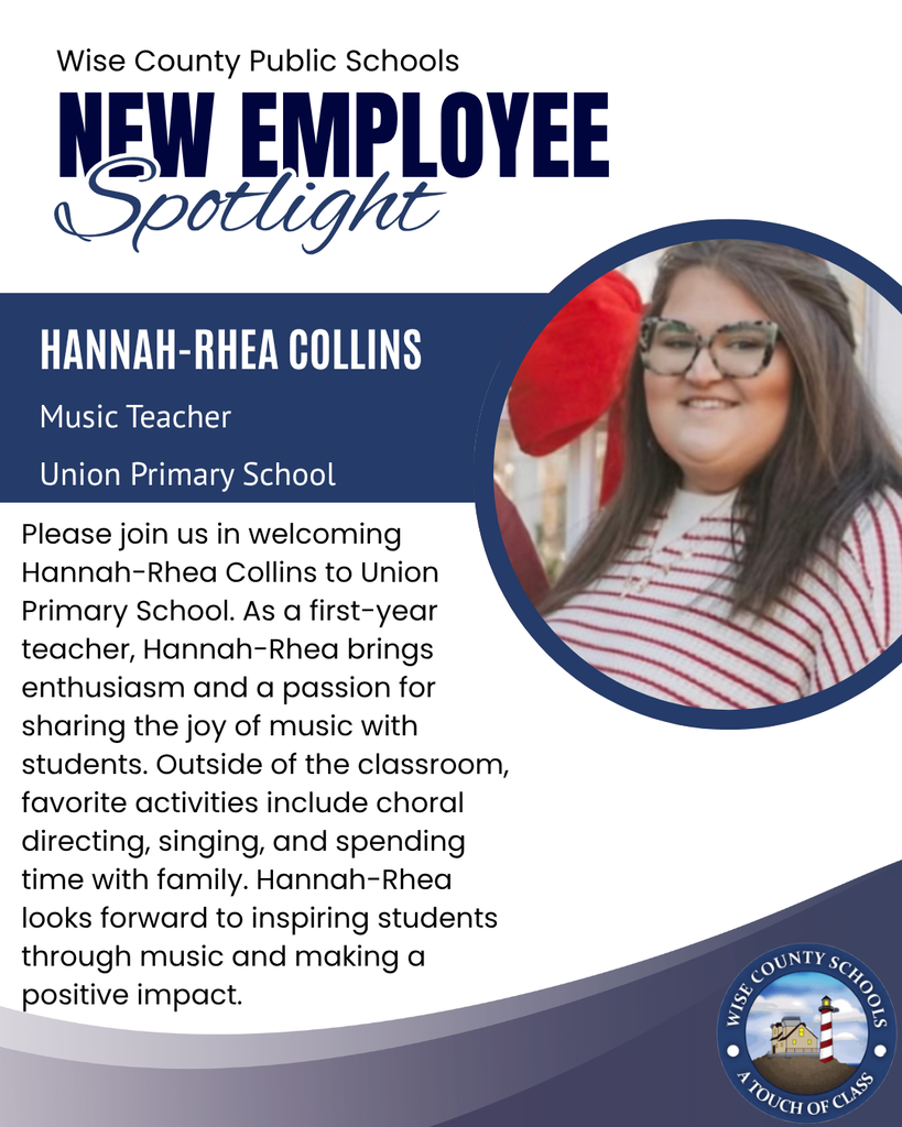 "Wise County Public Schools" text. "New Employee Spotlight" text. "Hannah-Rhea Collins" text. Image of woman wearing red hat and glasses.