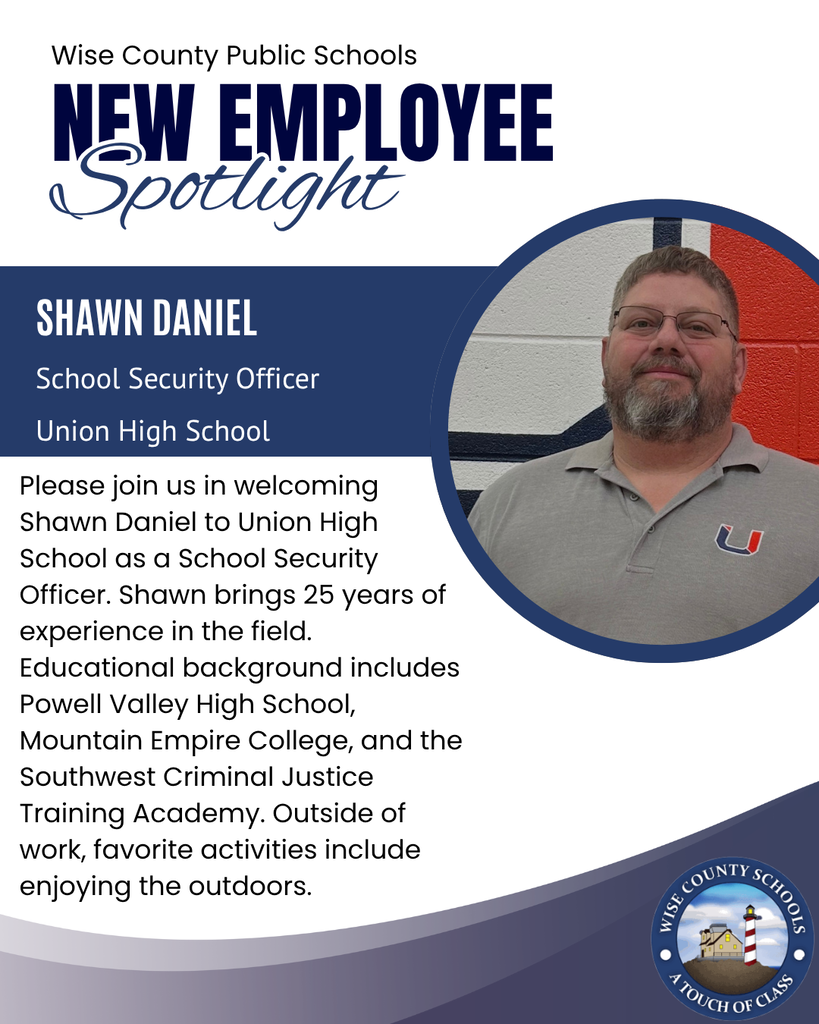 A school bulletin announces a new employee. Man with beard and glasses stands against blue and red background.