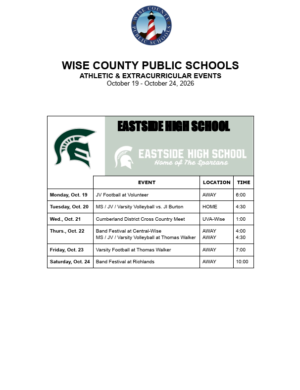 Schedule for Eastside High School athletic and extracurricular events from October 19 to October 24, 2006.