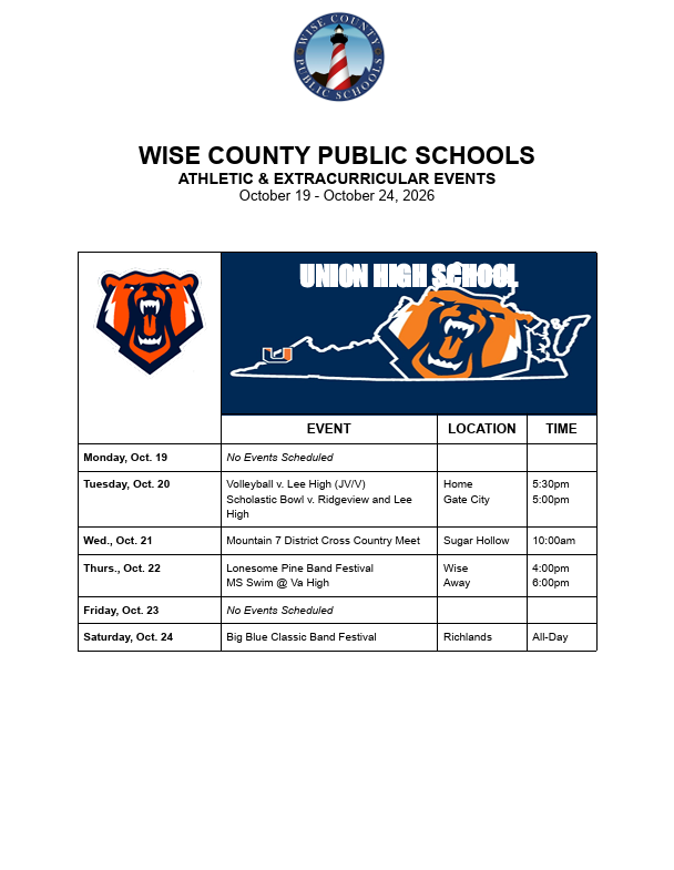Blue background with white text listing athletic and extracurricular events for Wise County Public Schools, including dates and times.