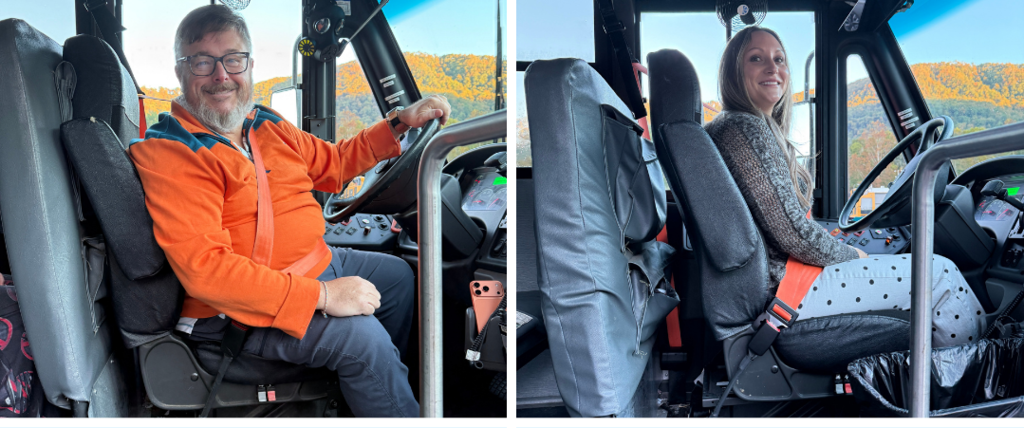 Two photos of people in bus driver seats, one of a man with glasses and one of a woman.
