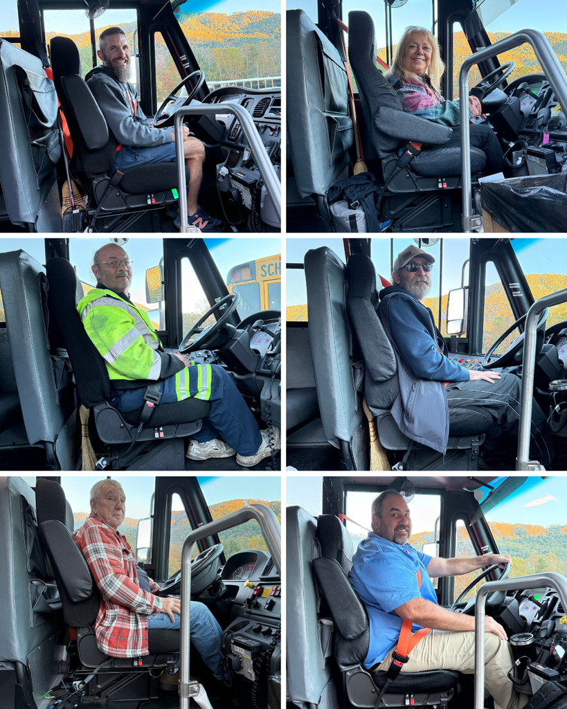 Six photos of bus drivers in seats. One woman and five men in different shirts and hats.