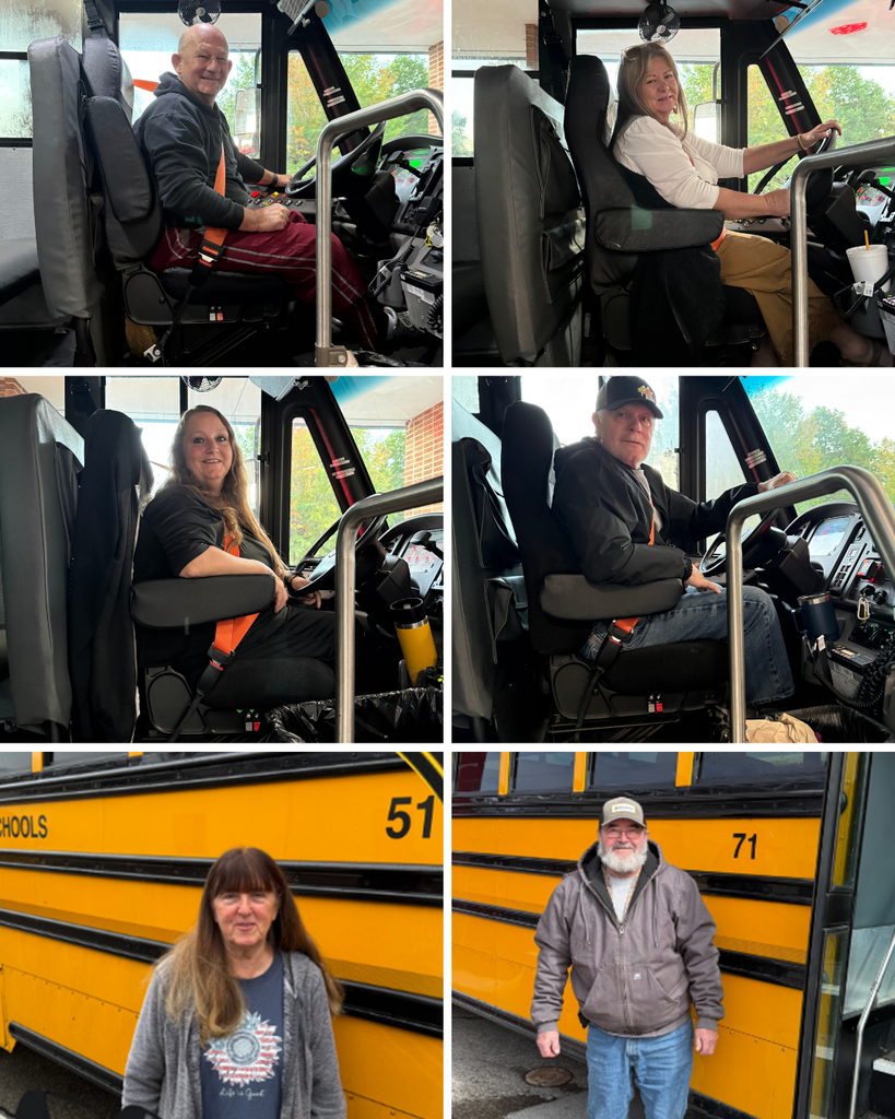 Four adults sit in a school bus driver seat. Two adults sit with belts and harnesses on.