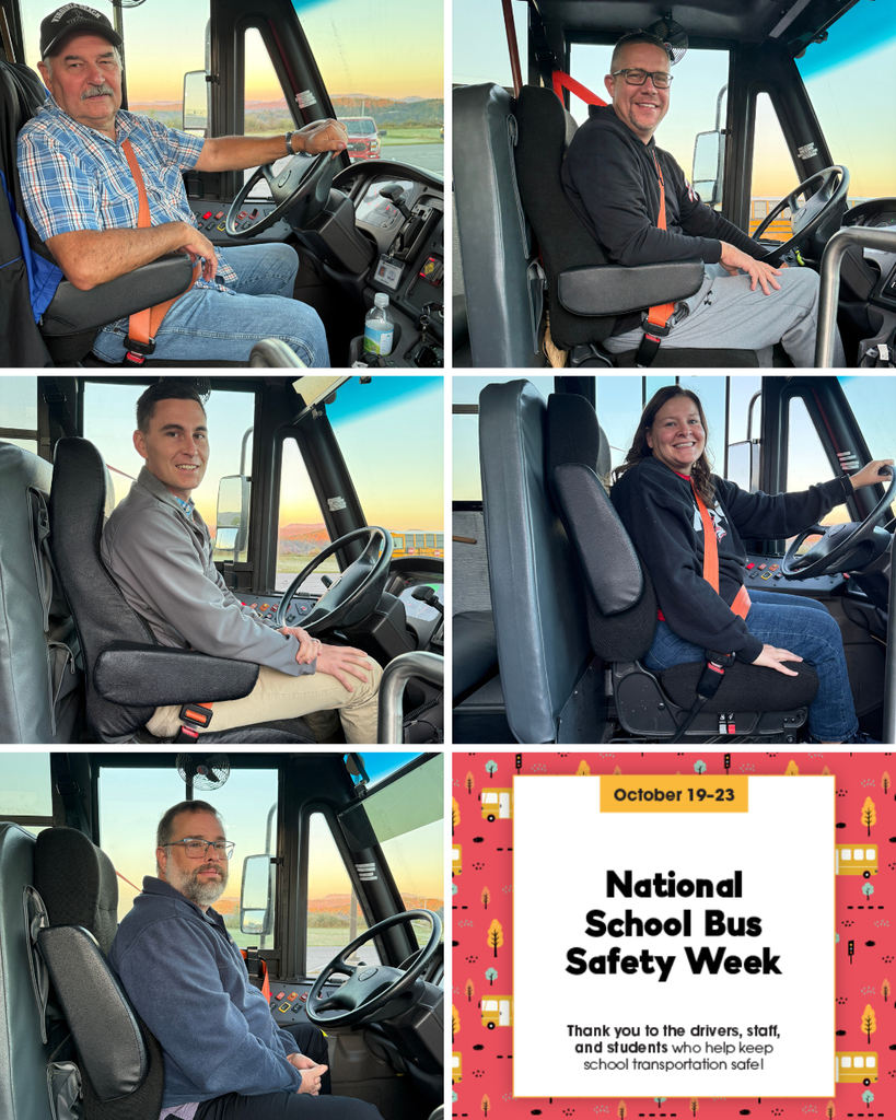 Four photos of bus drivers. One man in a cap. One man with a beard. One woman with short hair.