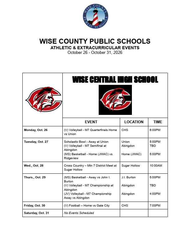 A white page lists athletic events for Wise Central High School from October 26 to October 31, 2020. Events include volleyball, basketball, and cross-country.