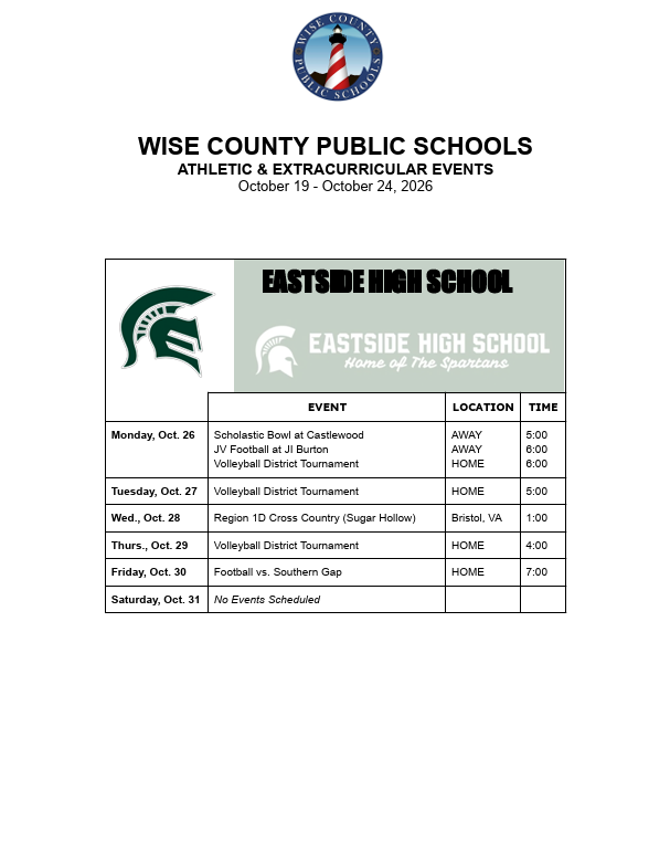 A schedule for athletic events from Oct 19 to Oct 24, 2020, lists the location, time, and event.